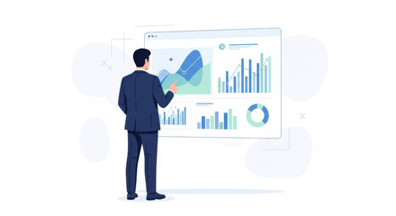 Businessman Analyzing Data Dashboards on Large Interactive Screen