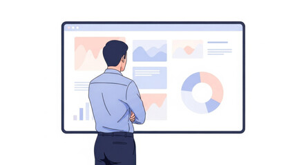Man in Business Attire Analyzing Data Dashboard on Large Screen