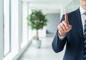 Executive finger taps an invisible interface for approval and access control, a business decision point for compliance, account authorization and service activation in an office hallway