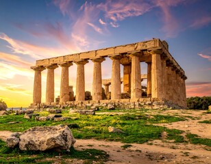 Fototapeta premium Ancient Greek temple at sunset, columns silhouetted against sky