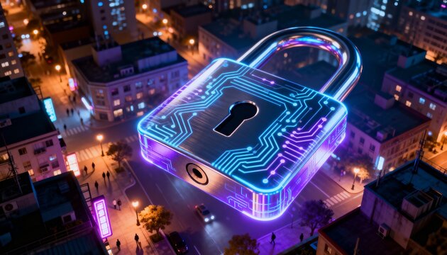 3D Render Wallpaper: Futuristic Digital Padlock Securing Cityscape with Neon Circuitry, High-Tech Cybersecurity Concept, Modern Copy Space for Design. - Powered by Adobe