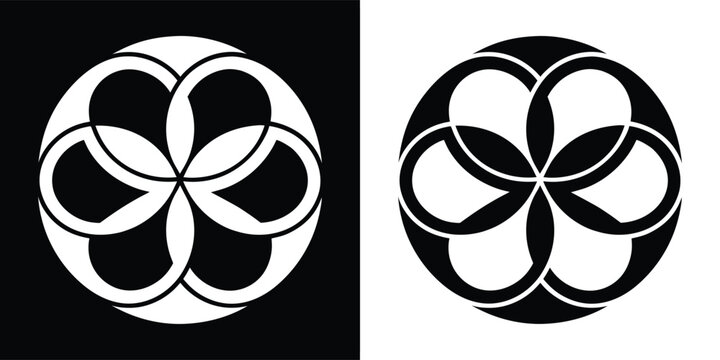 Abstract floral pattern in black and white, featuring interlocking circles creating a symmetrical and harmonious design isolated on white background