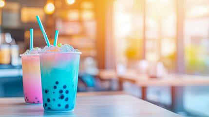 Vibrant, colorful layered bubble tea drinks topped with crushed ice and straws resting on wooden table inside cafe bathed in warm sunlight
