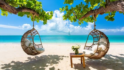 Two hanging wicker chairs on a tropical beach