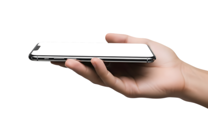 A hand holding a white smartphone horizontally