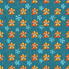 Seamless tropical floral pattern on teal linen texture. Vibrant orange and blue 3D flowers for summer textiles, wallpaper, and bright background designs.