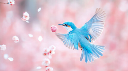 Obraz premium Vibrant turquoise bird in mid-flight gracefully reaching for pink, textured treat against soft, ethereal backdrop of falling cherry blossoms and bokeh lights
