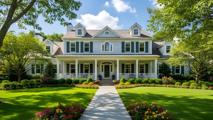Beautiful white two story house with large front yard and porch