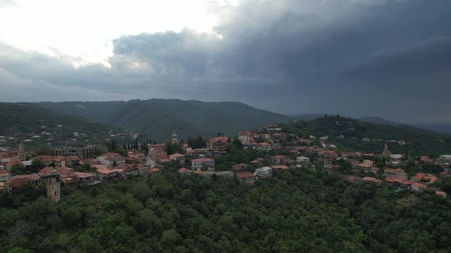 Aerial drone footage of the town of Sighnaghi, known as the City of Love, in the Kakheti region of Georgia.