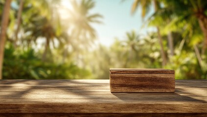 A sun-drenched tropical scene blurred in the background, showcasing a rustic wooden block on a wooden table in the foreground, creating a display space