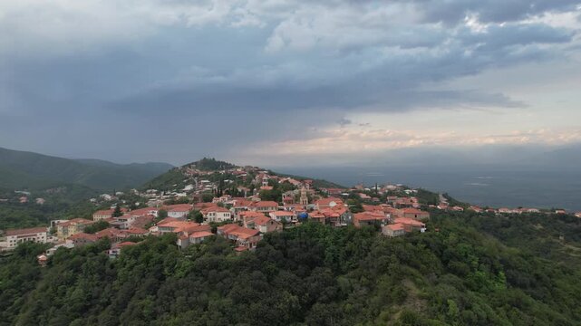 Aerial drone footage of the town of Sighnaghi, known as the City of Love, in the Kakheti region of Georgia.