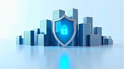 Blue padlock shield over modern cityscape with high-rise buildings in cybersecurity concept