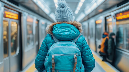 Rear view of person wearing vibrant turquoise puffer coat and backpack waiting patiently on cold subway platform as metro train arrives for their commute.