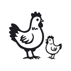 Stylized black drawing of a hen and chick in cartoonish graphic style on white background, representing a farm animal and motherhood concept