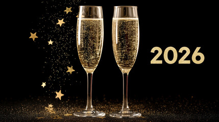Two glasses of champagne. Celebrating New Year 2026 with Champagne Flutes. A festive New Year's Eve arrangement featuring two elegant champagne flutes filled with sparkling wine. 2026 New Year 