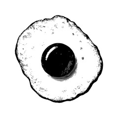 Fried egg with dark yolk sketched in hand-drawn vintage style on a plain white background, representing rustic cooking or breakfast concept