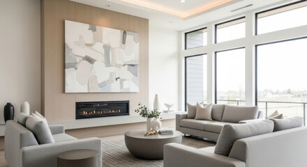 Fototapeta premium Modern Living Room with Large Windows and Neutral Sofa