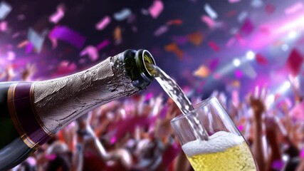 night party celebration, champagne bottle spraying over cheering crowd, neon lights, vibrant colors, nightclub atmosphere, cinematic motion blur