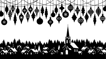 A black and white winter holiday silhouette featuring a village and festive hanging ornaments isolated on transparent background, Vector