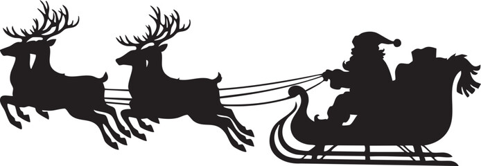 Naklejka premium Santa claus in his sleigh pulled by two reindeer silhouette vector illustration isolated on transparent background, Vector