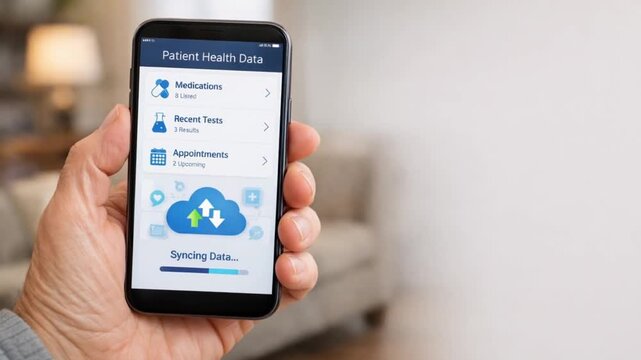 interoperability health data exchange concept. Mobile app displaying patient health data and syncing information.
