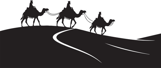 Minimalist black and white silhouette of the three wise men riding camels across desert dunes isolated on transparent background, Vector