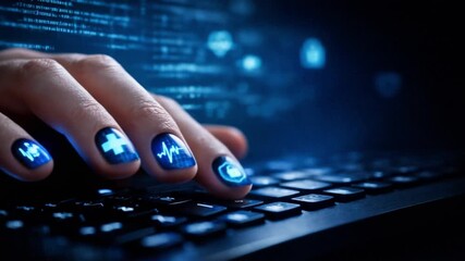 interoperability health data exchange concept. Digital hand interacting with a keyboard amidst data and security graphics. - Powered by Adobe