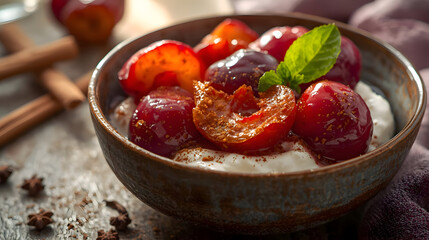 Warm roast plums wonderfully complement creamy Greek yogurt, creating delicious dessert. Aromatic spiced cinnamon and cloves enhance flavor profile, offering truly comforting and appetizing food