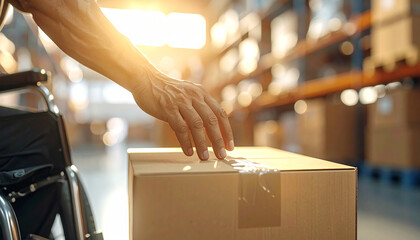 Warehouse Logistics and Inclusivity: A warehouse worker on a wheelchair manages logistics with focused determination, reaching for a cardboard box.