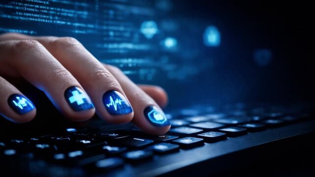interoperability health data exchange concept. Digital hand interacting with a keyboard amidst data and security graphics.