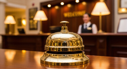 Hotel Lobby Bell on Wooden Desk