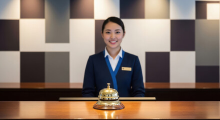 Hotel Receptionist at Front Desk with Bell