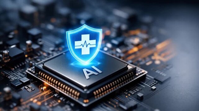 interoperability health data exchange concept. Digital shield symbolizing AI protection on a circuit board.