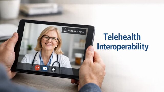 interoperability health data exchange concept. Doctor video call on tablet showing telehealth services.