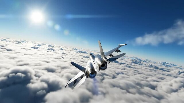 Jet aircraft flying above clouds under sunlight