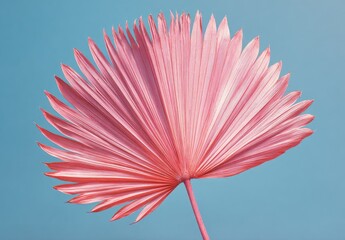 Obraz premium Pink, fan-shaped palm leaf isolated against a soft, serene blue background