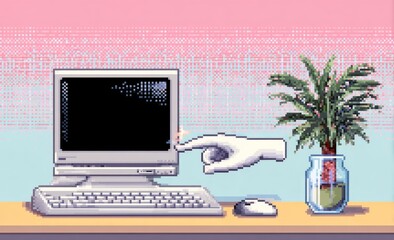 Pixel art of vintage computer setup with hand interacting and plant