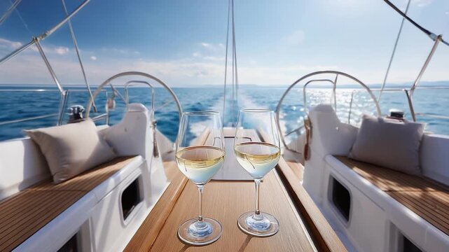 Luxury sailing yacht cockpit with two glasses of white wine on table, open sea ahead, relaxed vacation mood, balance and freedom theme, clean framing, cinematic wide shot