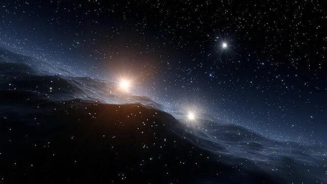 Conceptual space scene of Alpha Centauri system symbolizing humanitys nearest stellar neighbor, glowing stars, calm cosmic atmosphere, soft volumetric light, realistic astronomy style