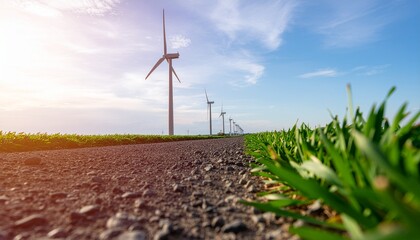 Serene Rural Landscape with Wind Turbines, Path, and Green Crops