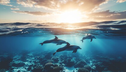 Three Dolphins Swim Under Ocean Surface with Coral Reef at Sunset