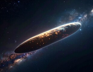 Obraz premium A long, rod-shaped interstellar object drifting in the pitch-black darkness of space