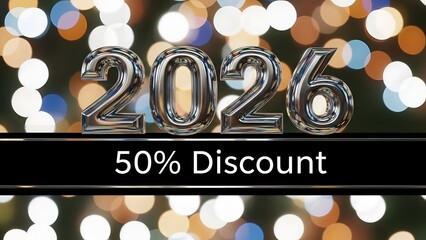 Shiny silver 2026 fifty percent discount sign with colorful bokeh lights background
