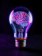 Light bulb with glowing brain inside purple light