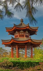 Fototapeta premium Asia, China, Xi'an, Great Wild Goose Pagoda, chinese pavilion in the park