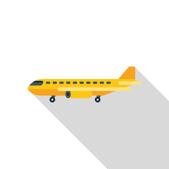 Yellow airplane flying in the sky, simple flat design with long shadow