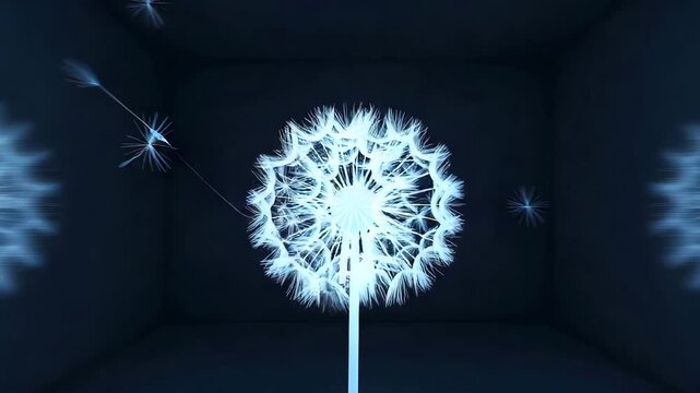 Glowing blue dandelion with seeds dispersing in dark room with reflections on walls