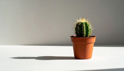 Small green cactus with yellow spines in a terracotta pot casting shadow on white surface.
