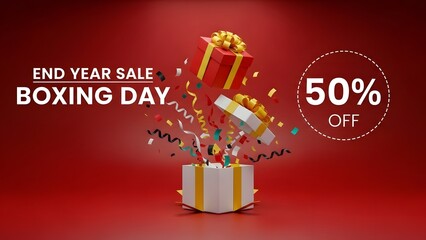 A festive illustration of a boxing day sale with gifts and confetti on a red background