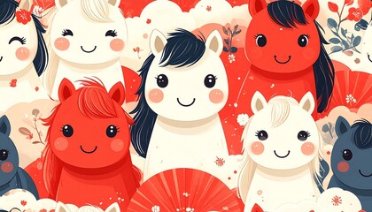 笑顔の可愛い馬と梅の花の和風背景：午年の年賀状や子供向けデザインに最適な素材